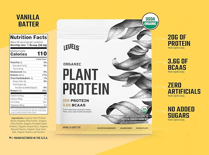 Levels Organic Plant Protein, 20G of Protein, No Artificials, Vanilla Batter, 2LB
