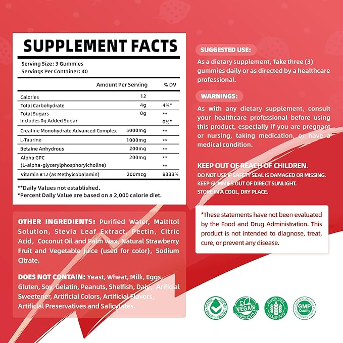 Creatine Monohydrate Gummies Complex 6400mg for Men & Women - 120 Gummies Advanced Formula, L-Taurine + Vitamin B12 for Muscle Strength, Muscle Builder, Energy Boost, Pre-Workout Supplement-Strawberry