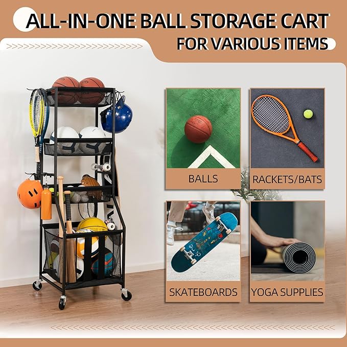 STORAGE MANIAC Ball Storage Bin Rolling Sports Ball Cart, Metal Garage Organizer Sport Rack Basketball Storage Cage for Garage or Gym, Indoor & Outdoor Sports Equipment Organizer