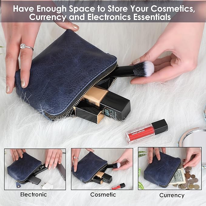 The Antiq Blue Leather Cosmetic Bags For Women Travel Set - HandCrafted Zipper Coin Pouch Blue Makeup Bag Set Small Toiletry Bags for Women - Makeup Essentials Organiser Mini Cosmetic Pouch For Purse