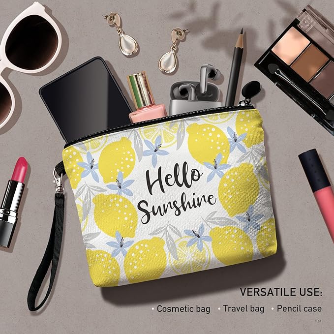 Hglian Lemon Travel Makeup Bag,Inspirational Cosmetic Toiletry Accessories Organizer,Cute Zipper Pouch for Purse,Gifts for Women Friends Girls-Yellow