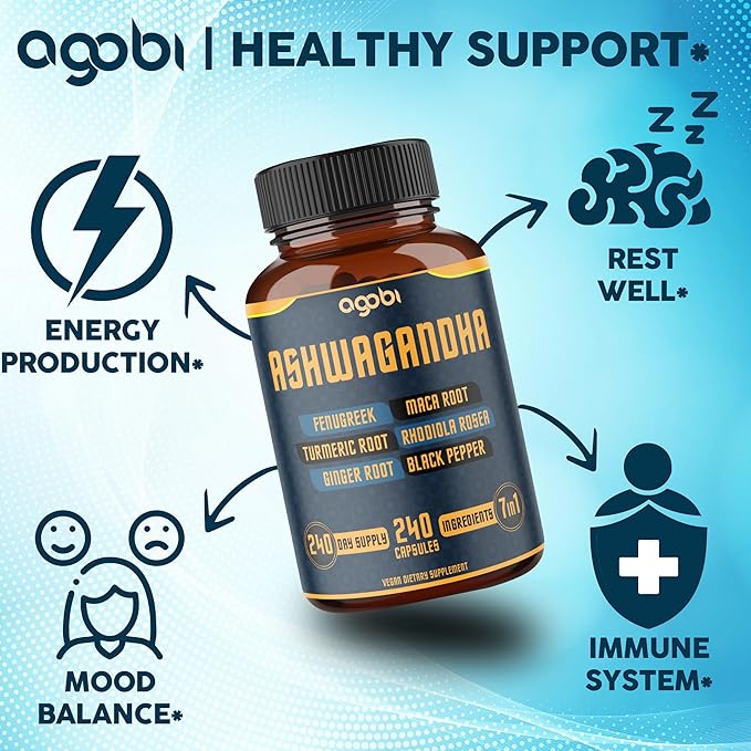 240 Capsules - 8 Month Supply - 7in1 Ashwagandha 8050mg - Combined with Fenugreek, Maca, Turmeric, Rhodiola, Ginger, and Black Pepper - Mood, Strength, Spirit and Energy Support Supplement