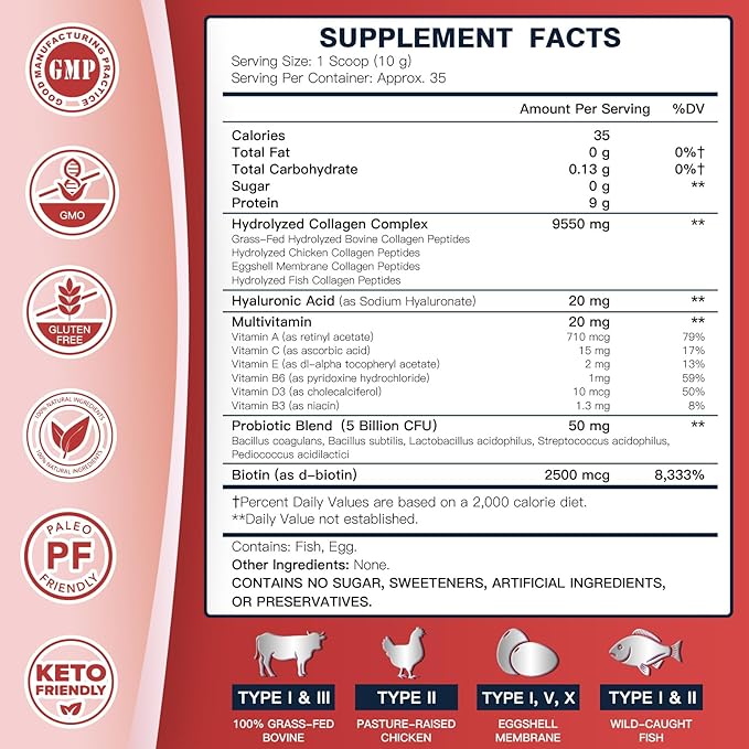 Collagen-Peptides-Powder with Probiotics - 5 Types of Hydrolyzed Collagen Peptides with Hyaluronic Acid, Biotin & Multivitamins - Skin, Hair, Joint & Gut Support - 35 Servings