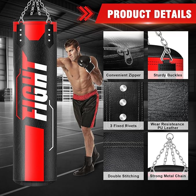 Hanging Punching Bag for Adults, 4ft PU Leather Heavy Boxing Bag Set, Hanging Bag Boxing Equipment for MMA Karate Kickboxing Boxing Home Gym