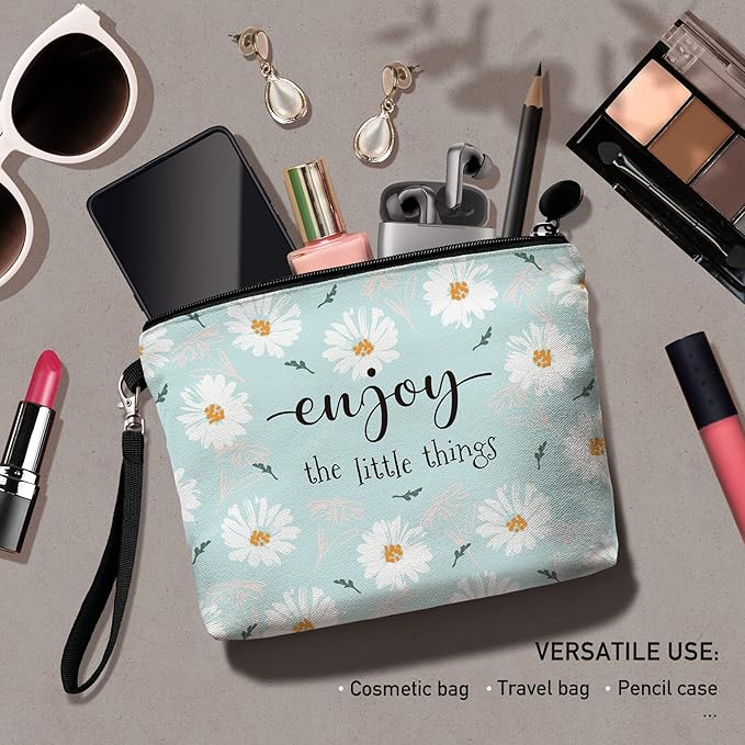 Hglian Daisy Flower Travel Makeup Bag Inspirational Cosmetic Toiletry Organizer Cute Zipper Pouch Wristlet for Purse Birthday Gifts for Women Daisy Lover Girls(Teal)