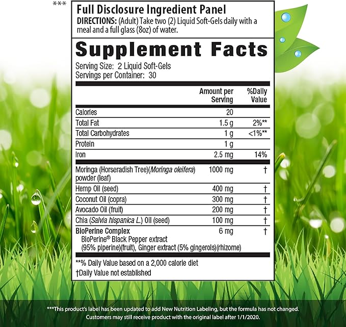 Irwin Naturals Mighty Moringa 1,000 mg - 60 Liquid Softgels - with Chia, Coconut, Hemp, Avacado & Omega Superfoods - 30 Total Servings