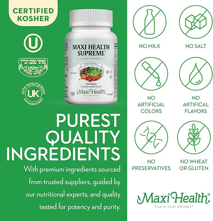 Maxi Health Supreme - High Potency Multivitamin & Mineral Supplement - 120 Tablets - Kosher