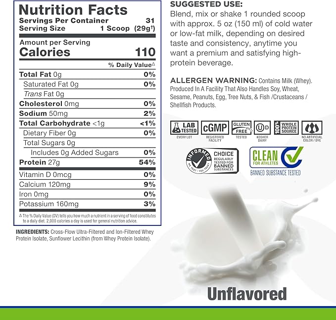 ALLMAX ISONATURAL Whey Protein Isolate, Unflavored - 2 lb - 27 Grams of Protein Per Scoop - Zero Fat & Sugar - 99% Lactose Free - with Prebiotics - No Artificial Flavors - Approx. 31 Servings