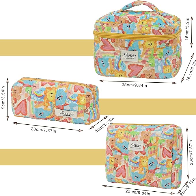 kingkiss Makeup Bag, Quilted Cosmetic Bag, Large Capacity Make Up Bag for Women, Cute Floral Storage Toiletry Bag Travel Storage Makeup Bag(Love Doodle)