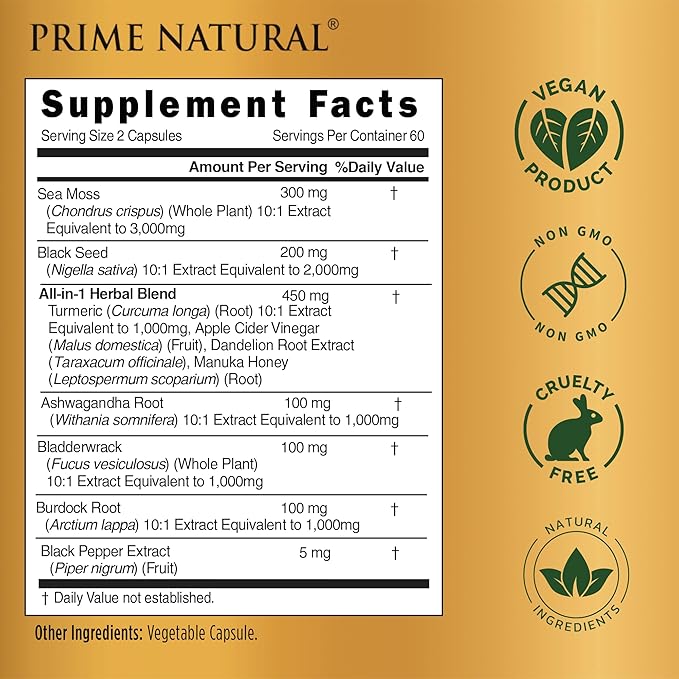 Sea Moss 3000mg Black Seed Oil 2000mg Ashwagandha 1000mg Turmeric 1000mg Bladderwrack 1000mg Burdock 1000mg Manuka Honey Dandelion ACV - 120 Capsules | 60 Days Supply | Vegan