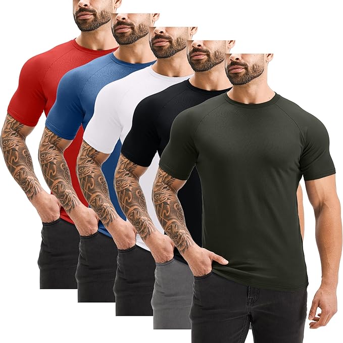 GYM REVOLUTION Men's 5 Pack Workout Gym Hipster Curved Hem Muscle Fitness Hip Hop T Shirts