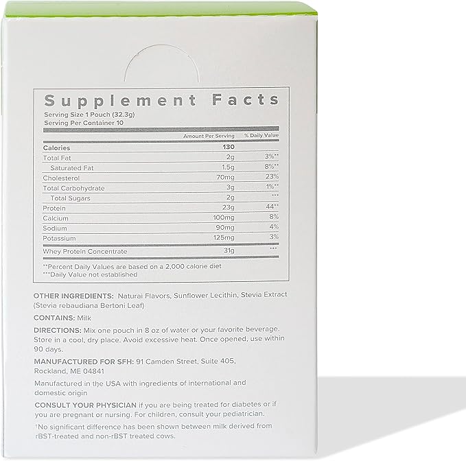 SFH Pure Whey Protein Powder | Best Tasting Grass Fed New Zealand Whey | All Natural | 100% Non-GMO, No Artificials, Soy Free, Gluten Free | Vanilla (Pack of 10 Single Serves)