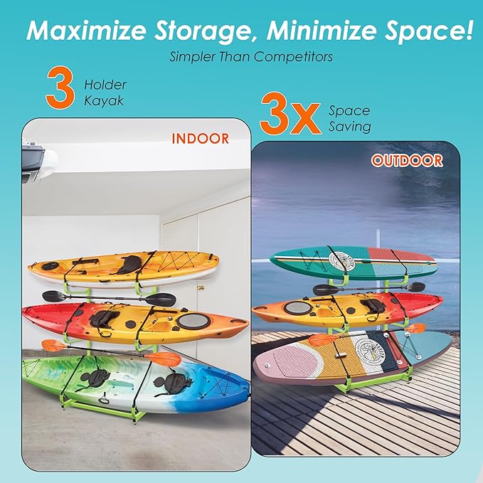 Rockland Large Kayak Storage Rack, 300 LBS Capacity, Holds 3 Kayaks, 48"x56"x82", Heavy Duty Freestanding Stand Kayak Rack for Canoe, SUP, Paddleboard, Indoor Garage & Outdoor Use, DIY-Friendly