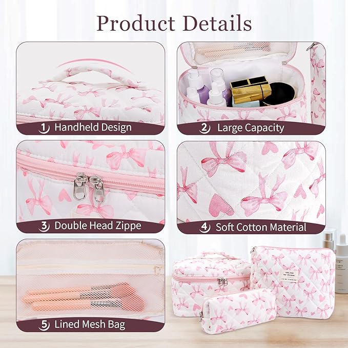 3Pcs Cotton Quilted Makeup Bag Set,Large Floral Cosmetic Bag,Aesthetic Toiletry Travel Makeup Bag Set and Cute Flower Bag for Women Girls (Love Bow)