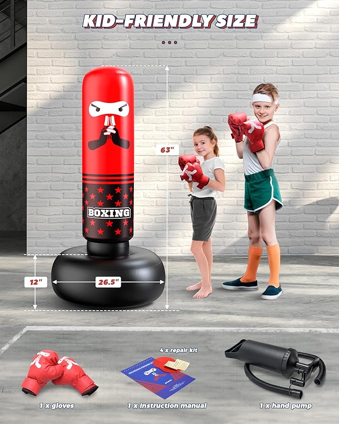 Inflatable Kids Punching Bag,Freestanding Boxing Bag with Gloves & Pump Kickboxing Training Set,Toddler Punching Dummy Toys Christmas Birthday Gifts for 3-5-8-12 Ages Boys Girls Karate MMA