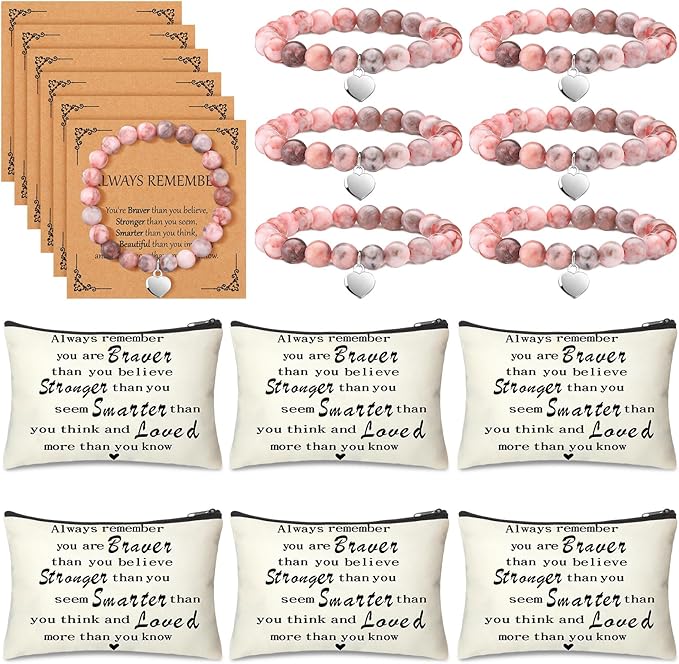 Tondiamo 6 Sets Inspirational Appreciation Gifts Include 6 Inspirational Natural Stone Bracelets 6 Cards and 6 Motivational Canvas Makeup Bags for Team Coworkers Nurse