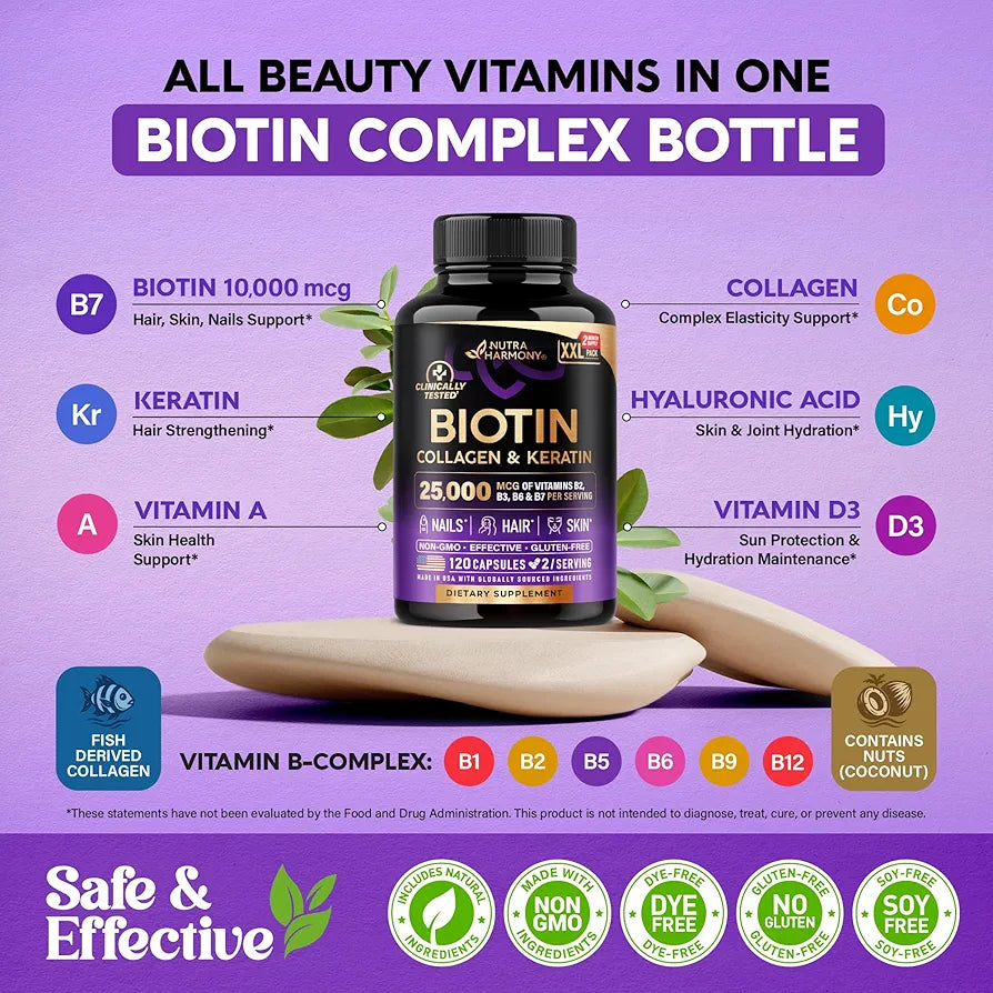 NUTRAHARMONY Biotin | Collagen | Keratin - Clinically Tested Supplement - Hair Growth Support, Skin & Nails - 25000 mcg Vitamins B2, B3, B6 & B7 + B1 & Hyaluronic Acid - Made in USA - Women & Men | 120 Capsules