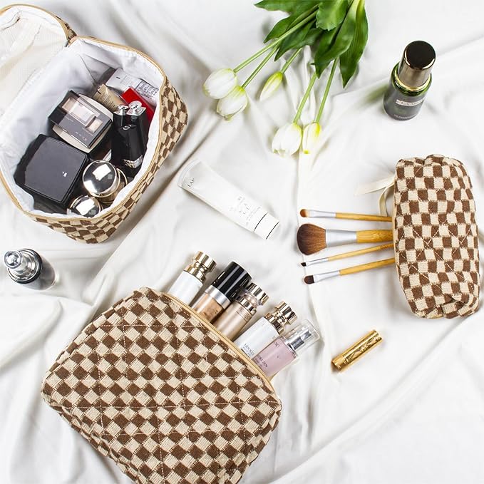 Quilted Makeup Bag Set, 3Pcs Large Checkered Corduroy Cosmetic Bags, Cute Coquette Makeup Bag Toiletry Zipper Pouch Bag for Women and Girls Checkered
