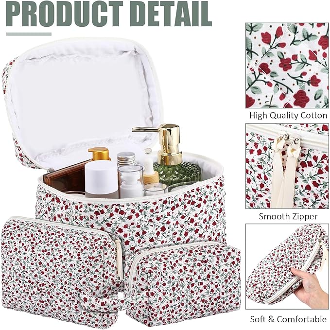 Paterr 3 Pieces Cotton Quilted Makeup Bag Set Coquette Cosmetic Bag Aesthetic Travel Toiletry pouch Cute Pouch Kawaii Aesthetic for Women(Red,Red Floral)