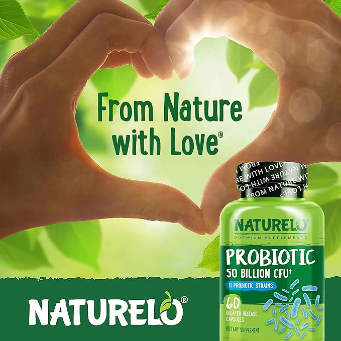 NATURELO Probiotics for Digestive Health - 50 Billion CFU, 11 Strains, Daily Use Supplement - Boosts Immune System, Delayed Release, No-Fridge, 60 Vegetarian Capsules (2 Pack)