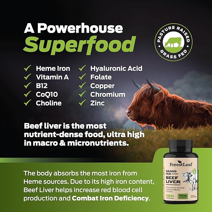 ForestLeaf Grass Fed Beef Liver Capsules, 3000mg Per Serving, Supports Full Immunity & Body Wellnes, Cleansing, Digestion, Natural Iron, Vitamin A and B12, Freeze Dried Beef Liver Supplement, 180 Caps