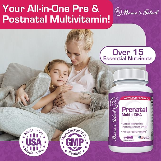 Mama's Select Prenatal Vitamins for Women with Iron, Vitamin D, DHA, and Folic Acid for Pregnant Women, Methyl Folate Safe for MTHFR - Slow-Release Supplement, Gentle on Stomach, 60 Veggie Capsules