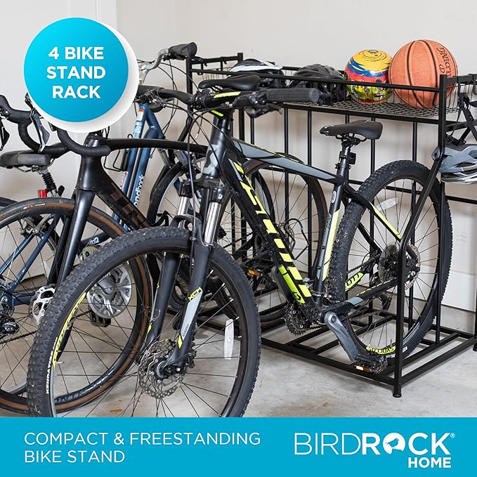 BIRDROCK HOME Bike Rack Garage Storage Floor Stand - Freestanding Organizer for Outdoor Yard - Upright Wall Mount for Scooters, Rakes, Motorcycles, Hoverboards, Gloves - Holds 4 Bicycle - Black