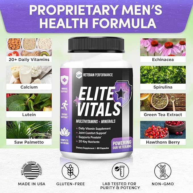 Elite Vitals Multivitamin for Men โ Daily Mens Multivitamins Ages Over 20 Plus โ Prostrate Energy Immune Joint Support โ Daily Mens Vitamins and Minerals (60 Capsules)