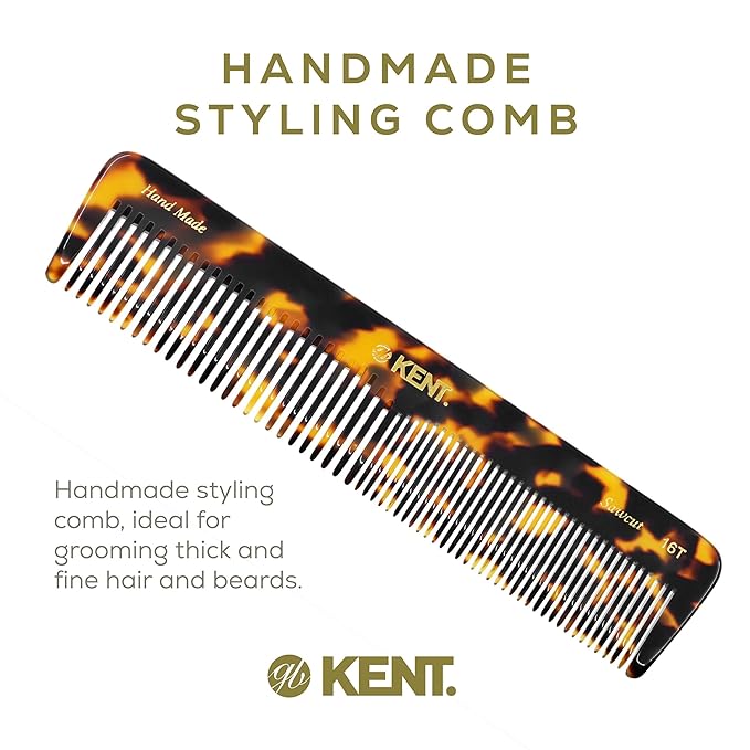 Kent 16T TY Fine Tooth and Wide Tooth Comb for Daily Grooming, Handmade Styling Comb for All Hair Types, Styling and Detangling Combs for Men and Women