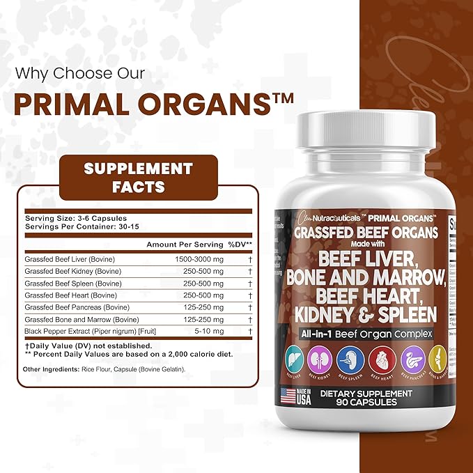 Clean Nutraceuticals Grass Fed Beef Liver Capsules 3000mg - Premium Quality Supplement Packed with Desiccated, Beef Heart, Beef Spleen, Beef Pancreas Plus Bone & Marrow Dao Enzyme Pills - USA Made