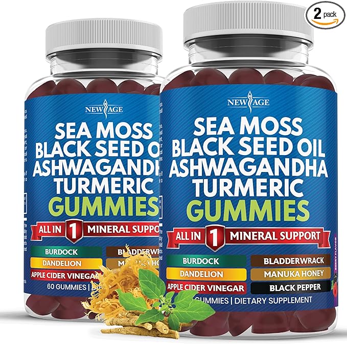 NEW AGE Sea Moss Gummies, Sea Moss, Black Seed, Ashwagandha, Turmeric, Manuka Honey, ACV, Dandelion, Black Pepper, Burdock, Bladderwrack, Vegan - 120 Count
