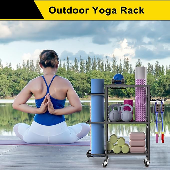 Home Gym Storage Rack, 3 Tier Yoga Mat Storage Rack with Wheel for Yoga Lover, Exercise Equipment and Workout Equipment Organizer, Yoga Mat Holder for Yoga Mats, Foam Roller and Dumbbells
