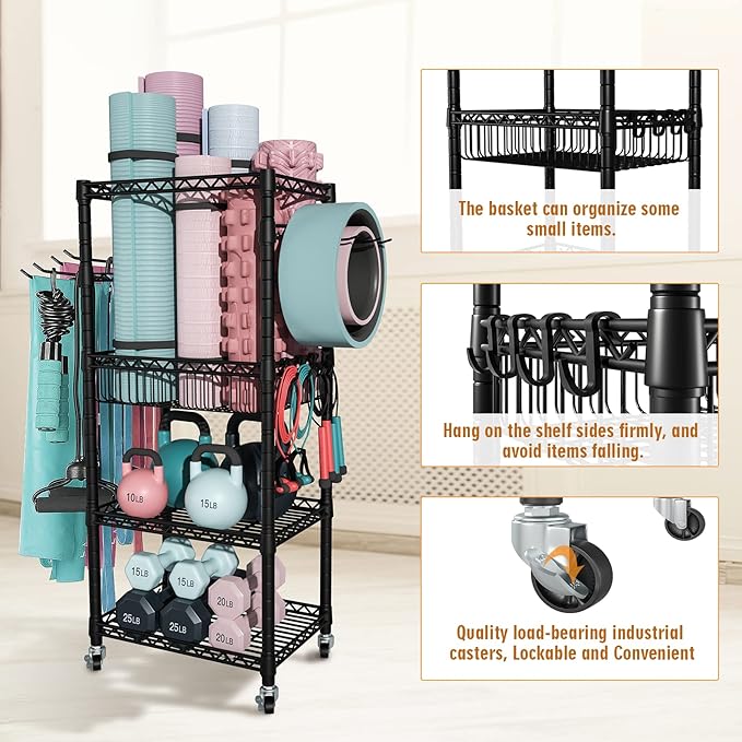 Home Gym Storage, 3 Tiers Workout Equipment Organizer with Wheels for Yoga Mats, Foam Roller, Dumbbells, Kettlebells, and Resistance Bands