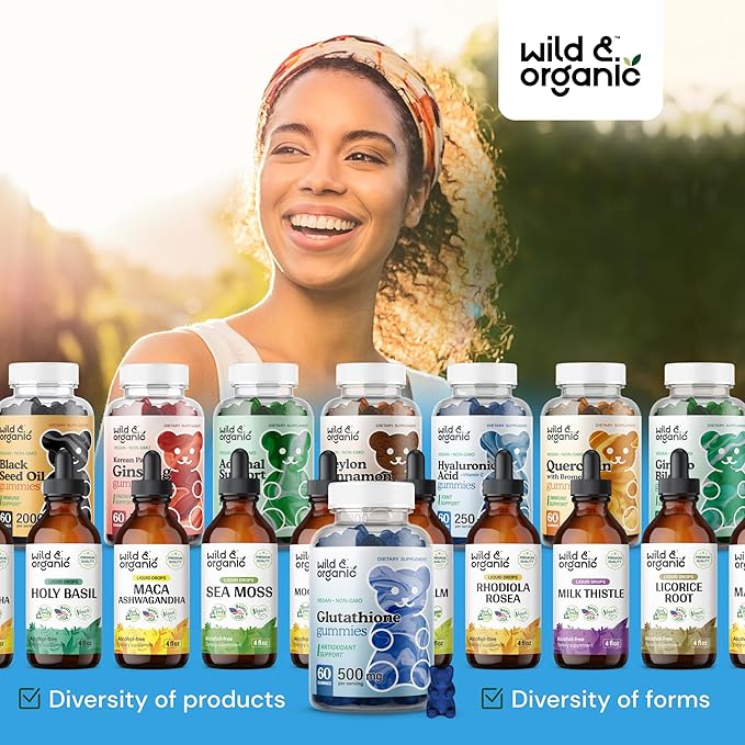 Wild & Organic L Glutathione Gummies - Reduced Glutathione 500mg for Antioxidant Support - Liver Cleanse Detox Supplement - 60 Vegan, Non-GMO, Pectin-Based Chews