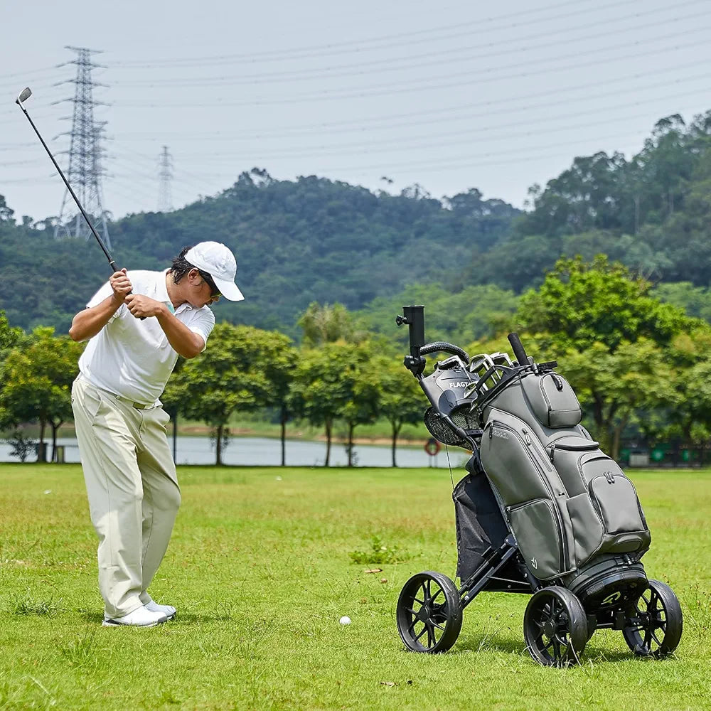 Golf Push Cart 4-Wheels,Folding Golf Cart, Golf Pull cart with Cup Holder,Umbrella Holder,Cooler Bag, Foldable with one-Click,Handle Height Adjustable,Drink Holder,Walking Push cart