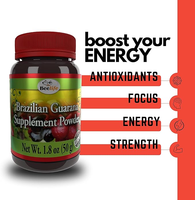 Beelife Brazilian Guarana Powder - Natural Caffeine Supplements from Brazil - Energy & Mental Focus, Muscle Strength Support - Zero Gluten, No Sugar Vegan Pre Workout for Men & Women - 50g
