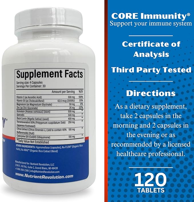 CORE Immunity - Immune Health Supplement - Daily Immune Booster & Multivitamin - Quercetin & Bromelain - Antioxidant & Free Radical Protection - 120 ct.