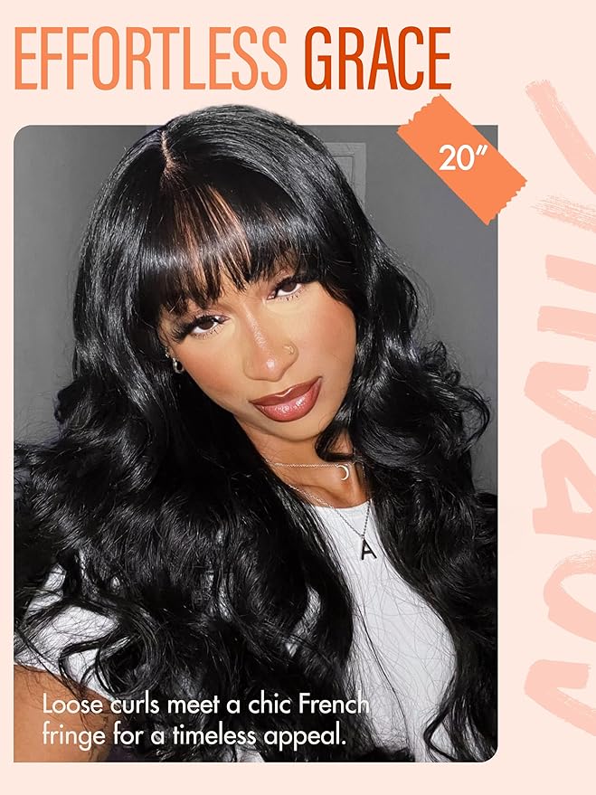 GORGIUS Glueless Wavy Wig with Bangs Natural Black Synthetic Curtain Bang Wig with Realistic Scalp 22 Inch