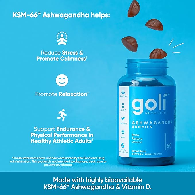 Goli Ashwagandha & Vitamin D Gummy - 180 Count - Mixed Berry, KSM-66, Vegan, Plant Based, Non-GMO, Gluten-Free & Gelatin Free Relax. Restore. Unwind, Pack of 3