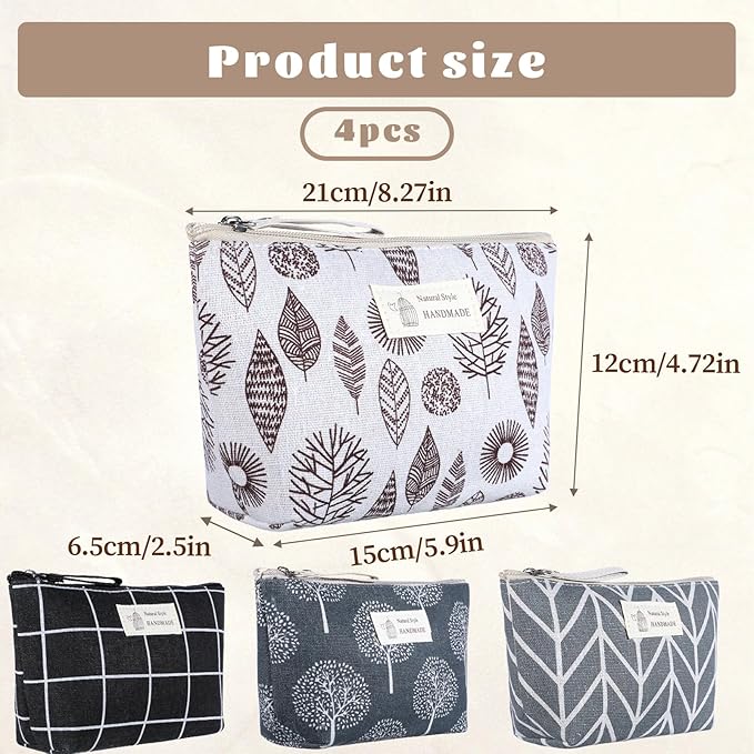 Canvas Makeup Bag Set, 4 Pcs Makeup Pouch Set Multi-Function Travel Zipper Pouch Purse Organizer Pouches, Travel Pouches Toiletry Bag Christmas Gifts Printed Cute Cosmetic Bags for Women Girls