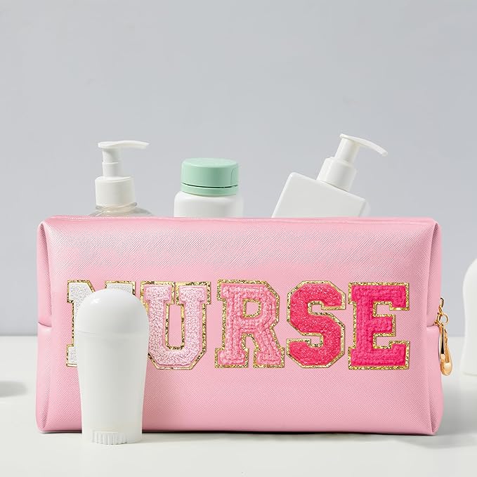 CY2SIDE NURSE Letter Makeup Bag - Gradient Pink Chenille Letter Patch Cosmetic Bag Pink PU Leather Patch Travel Pouch Waterproof Portable Zipper Travel Organizer Case Xmas Gifts for Nurse Women