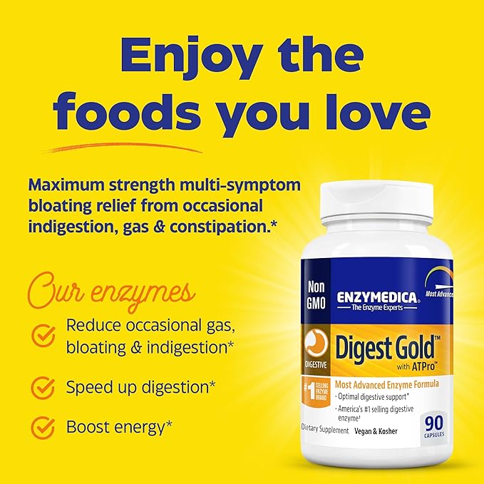 Enzymedica Digest Gold + ATPro Maximum Strength Digestive Enzymes | Prevents Bloating Gas & Indigestion, Natural Digestion Support, Multi Enzyme Amylase, Protease, Lipase & Lactase, 90 Capsules
