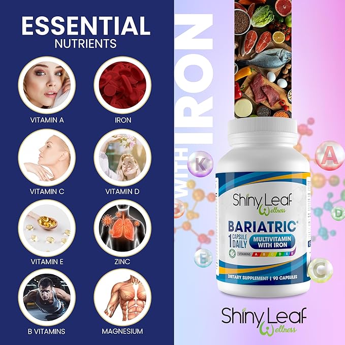 Shiny Leaf Bariatric Multivitamin with Iron - 45mg Iron, 360 Capsules, Post WLS Support, for Gastric Sleeve, Bypass and Mini Bypass, High Potency Daily Vitamins, for Women and Men,1 Year Supply