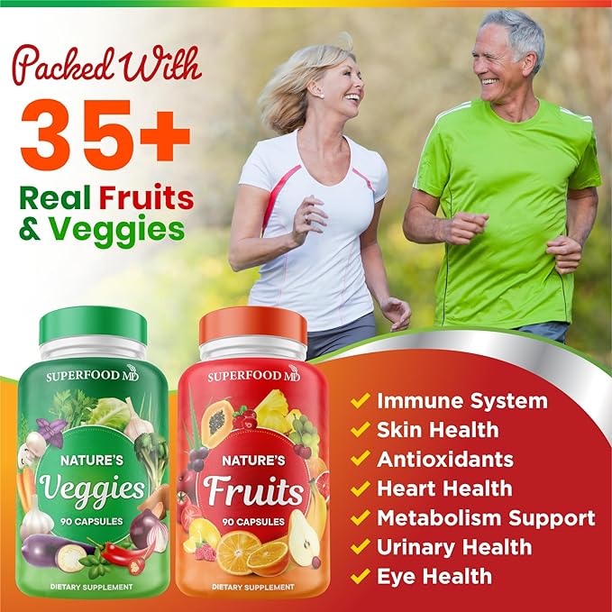 Superfood 180 Fruit and 180 Veggie Capsules -100% Whole Natural Superfood - Maintain Energy Levels, High Lycopene - Grown and Made in The USA (90 Count (Pack of 4)