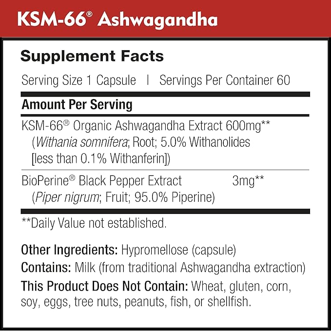 KSM-66 Ashwagandha 600mg Organic Root Extract - High Potency Supplement with 5% Withanolides | Relieves Tiredness, Supports Relaxation, Focus, Energy, & Muscle Growth (60 Capsules)