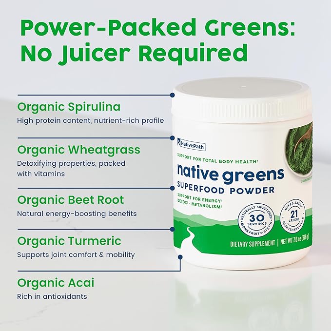 NativePath Native Greens Superfood Powder - Daily Super Greens Powder with Organic Greens and Superfoods to Support Detox, Thyroid, and Gut Health for Energy and Positive Body Changes, 30 Servings