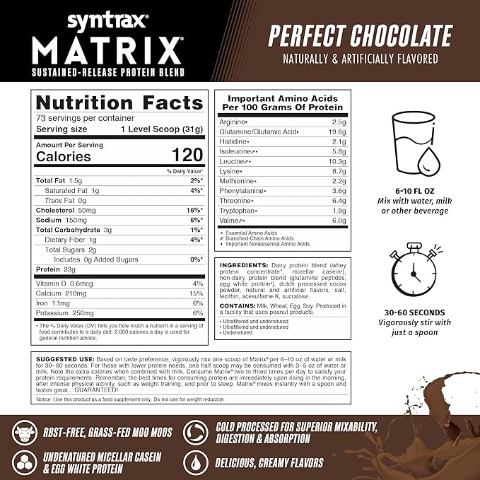 Syntrax Nutrition Matrix Protein Powder, Sustained-Release Protein Blend, Perfect Chocolate, 5 lbs