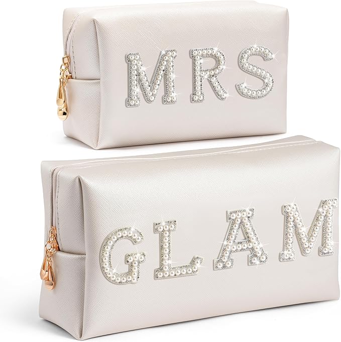 CY2SIDE Mrs Letter Makeup Bag - 2PCS White GLAM and MRS Pearl Rhinestone Letter Patch Cosmetic Bag PU Leather Patch Pouch Waterproof Portable Zipper Travel Organizer for Wedding Bride Christmas Gifts