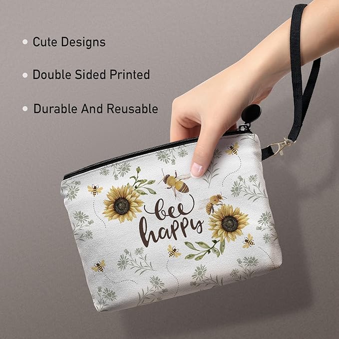 Hglian Bee Makeup Bag Inspirational Cosmetic Toiletry Organizer Bags Cute Sunflower Zipper Pouch for Purse Birthday Gifts for Women Girls-Bee Happy