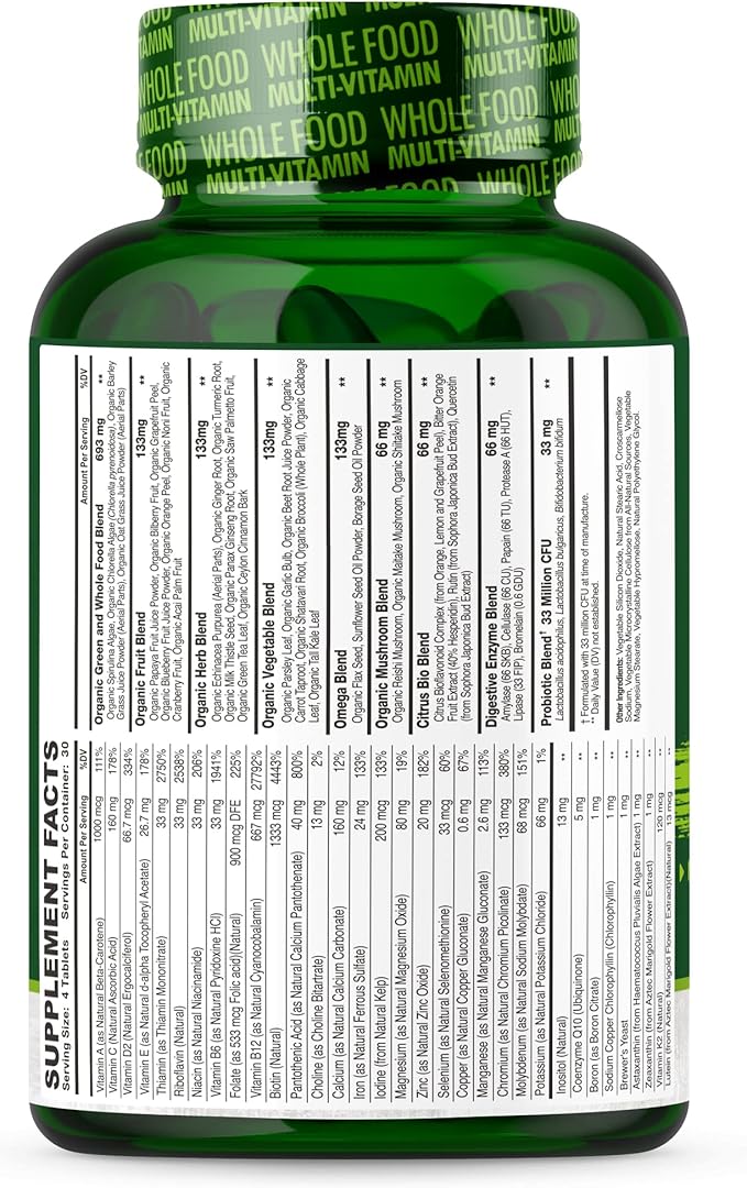 Whole Food Multivitamin for Men - Natural Multi Vitamins, Minerals, Organic Extracts - Vegan Vegetarian - 120 Tablets